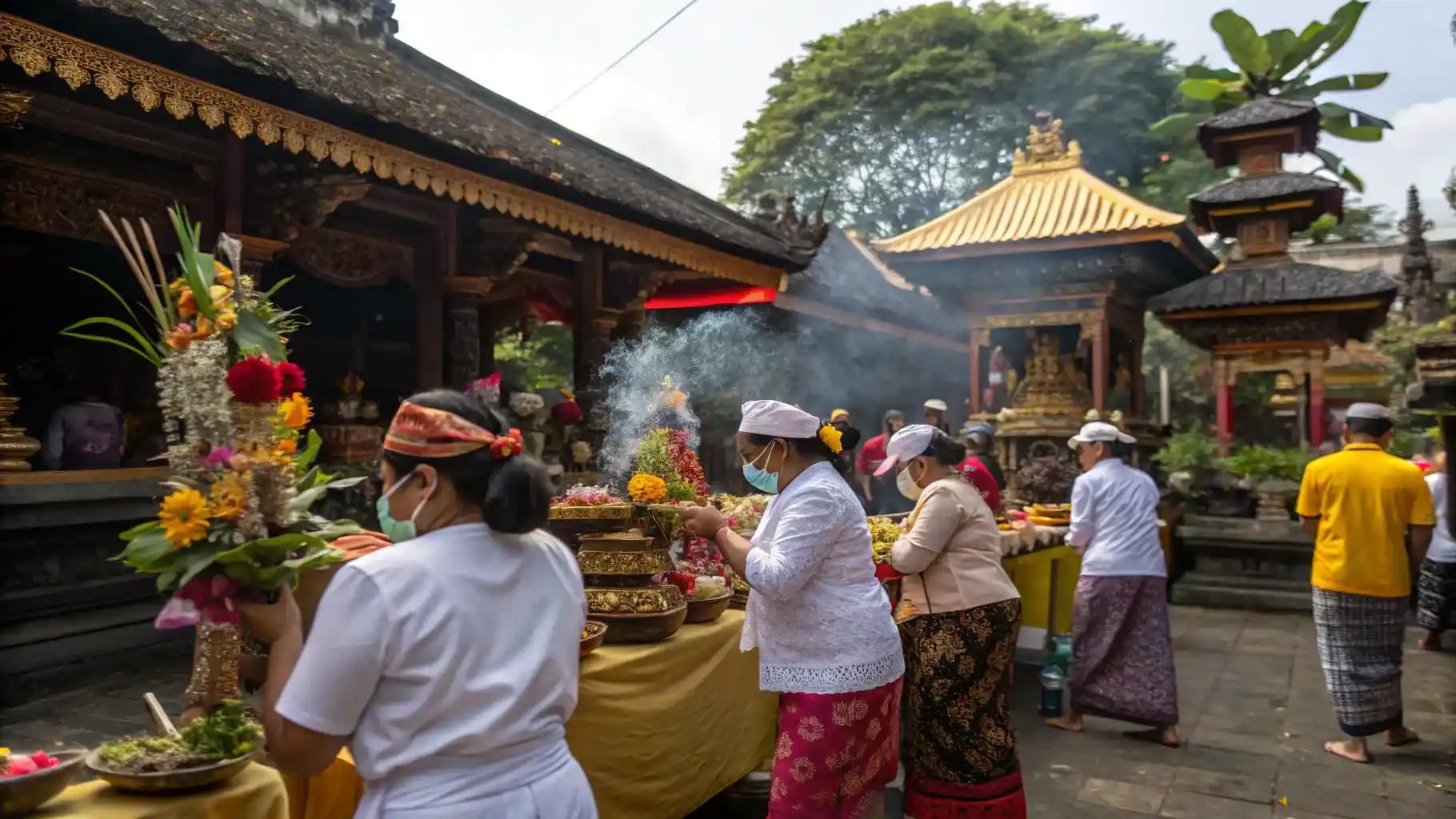 Balinese Hindu temple ceremony with offerings