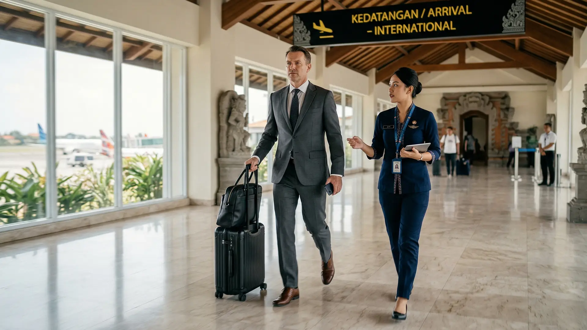 Business travelers arriving at Bali airport